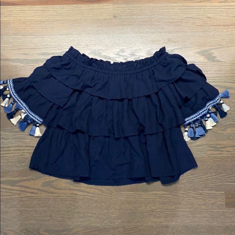 Navy off the shoulder ruffled top with tassels 💙